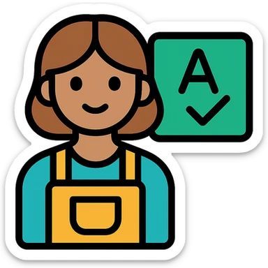 teacher with medium brown hair and brown eyes, wearing a mustard-colored apron, vibrant modern icon style sticker