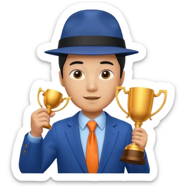 An asian man wearing student hat, blue suit and orange tie, holding a trophey sticker