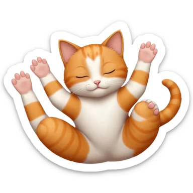 ginger and white small cat eyes closed lying down upside down with paws stretched out in different directions sticker