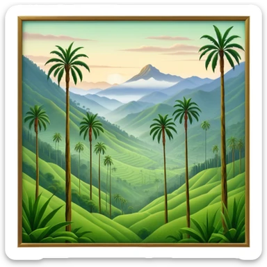 Cinematic Realistic Cocora Valley Landmark Emoji, featuring towering wax palm trees swaying in the misty green valley, with rolling hills and distant mountain peaks bathed in warm morning light. sticker