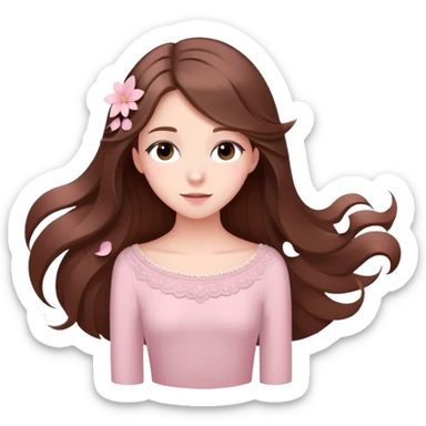 Girl with long brown hair surrounded by soft piano notes and floating petals elegant cute pale pink  sticker