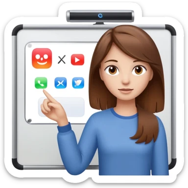 Make an emoji of a girl (no glasses) with brown hair who is teaching how to use iMessage on a board sticker