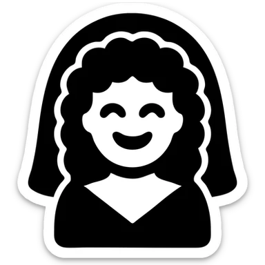 bride with curly hair, wearing veil, joyful expression, minimal background, flat icon style sticker