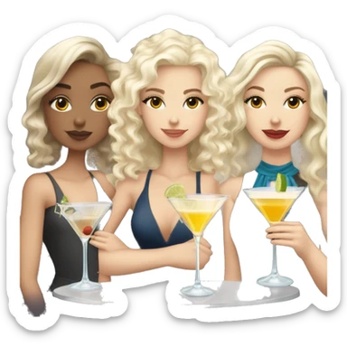 White brunette girl, white blonde curly haired girl, and white blonde straight haired girl all drinking martinis sticker