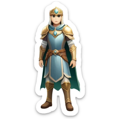 An icon featuring a hero with a closed visor, standing in a majestic, mystical landscape, inspired by RPGs like Elden Ring. The design includes a stunning, ethereal background with towering castles and distant mountains, symbolizing the adventure and mystery. Transparent background sticker