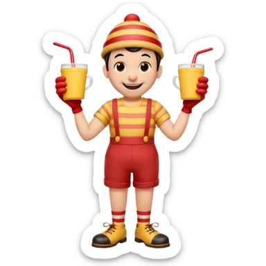 1930s rubber hose cartoon-style cup character with a big smile, black eyes, red nose, and striped straw on head. Wearing red shorts, yellow gloves, brown shoes, black shirt. Arms on hips, cheerful pose. Vintage Disney/Fleischer style, clean lines, limited colors, slight paper texture. 
 sticker