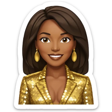 Angela Bassett with long dark brown hair, gold sequin outfit sticker