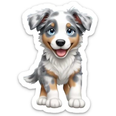 Blue merle australian shepherd puppy with mostly light grey fur with blue eyes running sticker