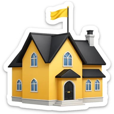 simple school, white background, magic school, black roof, with a big flag, big flag on a roof, big yellow flag, white school sticker