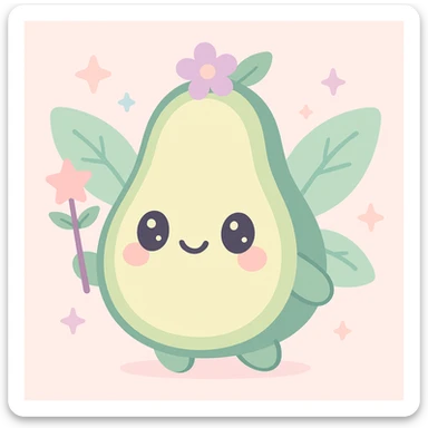 avocado fairy, holding a wand, leafy wings, enchanting, magical, cute, fantasy style sticker