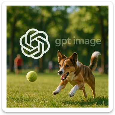  logo of chat gpt with text "gpt image" on the background of a dog chasing ball, realistic image sticker