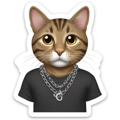 Brown tabby cat with an emo shirt and a silver chains sticker