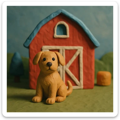 barn dog sitting in front of a red barn, visible fingerprints, matte plasticine look, claymation style sticker