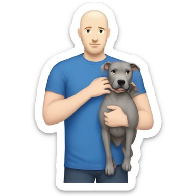 bald white man no beard with blue eyes and blue tshirt Hugging large grey pit bull sticker