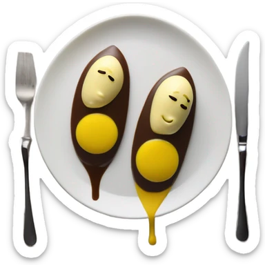 1 Chocolate quenelle and 1 vanilla quenelle on a fine dining glass plate with 3 small drops of yellow sauce as decoration sticker