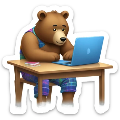 bear in pajamas working hard at a computer sticker