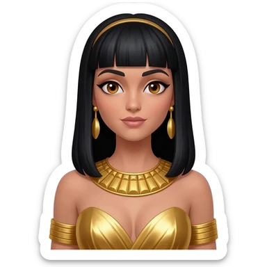 Cleopatra with hazel eyes, long black hair, gold metallic dress, gold necklace and earrings sticker