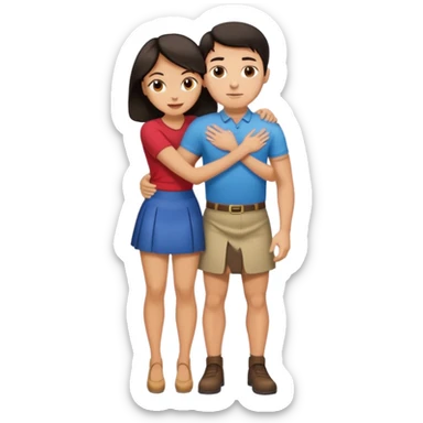  man with dark hair on knees, facing dark haired, middle aged woman in a micro mini skirt, hugging her waist sticker