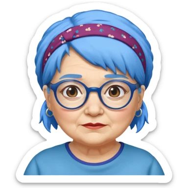 fat old woman with blue hair and glassess and headband sticker