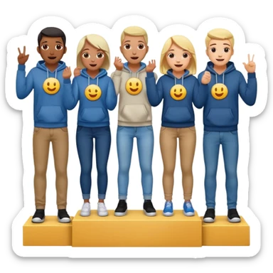 multi-racial people in jeans and hoodies on a winners’ podium, no numbers, very excited, fun, expressive emoji style sticker