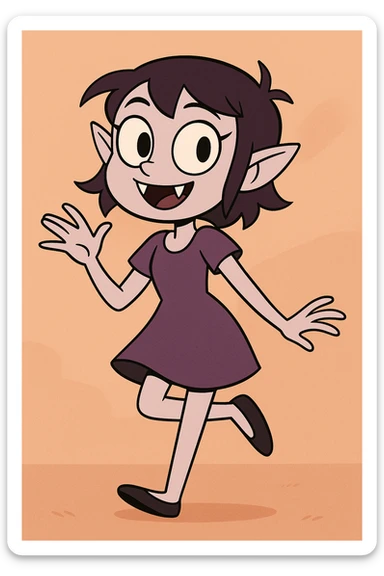 vampire girl, cartoon style, playful pose, purple dress, small fangs, big eyes, cute and friendly sticker