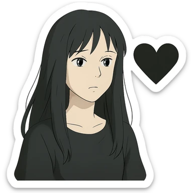 ghibli style pale girl with long black hair and a black heart sticker