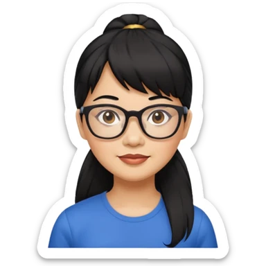 filipino woman black hair in one pony tail with straight bangs and big glasses, 50 yr old sticker