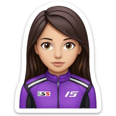 brunette long hair woman with black racing outfit with purple strips sticker