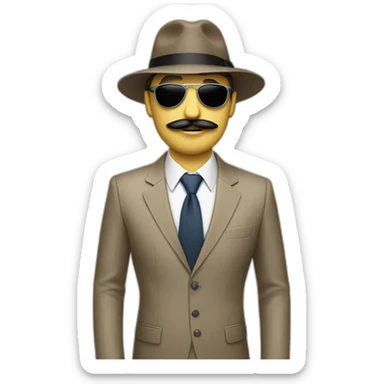 A beige man with a suit, a tie, a fedora hat, headphones, sunglasses and a mustache sticker