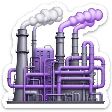 An emoji of an industrial factory in realistic gray tones, with pipes and smokestacks. Instead of smoke, soft neon violet energy or light particles flow out, symbolizing AI power and efficiency sticker