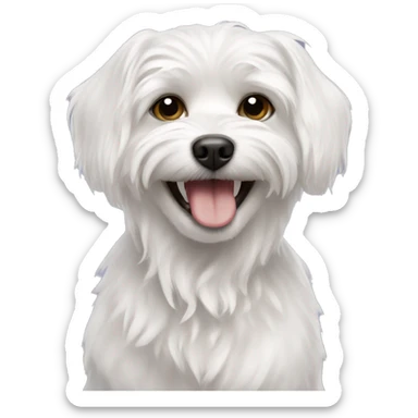 A white Maltese dog around 13 years old slightly smiling with toilet paper clenched in its teeth sticker