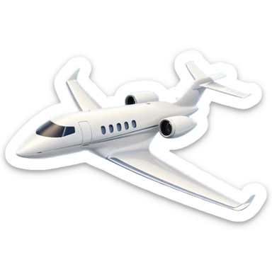 A 3D cartoon sleek white private jet flying through clear sky, sunlight glinting off fuselage, Memoji-style rendering. sticker