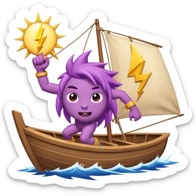 a buff purple anthropamorphic lightning bolt sailing away on a boat sticker