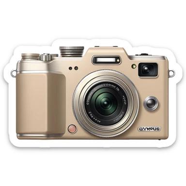 Minimalist beige Olympus Superzoom 70G camera, simplified clean design, basic rectangular shape with minimal details, just enough to identify as Olympus Superzoom 70G, flat style sticker