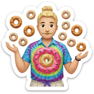 Large man w Blond manbun juggling knives and plain bagels (no sprinkles) with tie die shirt sticker