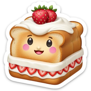 emoji illustration of a square toast topped with fluffy white cream, decorated with a strawberry bow made from two strawberry halves and a small sliced center, bright red and glossy, Clean soft shading, kawaii emoji style, centered object, no plate, no background, high detail, pastel tone sticker
