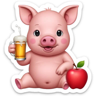 apple pig emoji sitting up drinking a beer drunk sticker