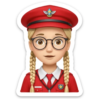 red uniform wearing scout kid with braids and glassess with hat sticker