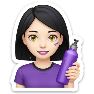 a girl with beautiful black hair, yellow teeth, black t-shirt, holding only a purple and silver spray bottle, nothing else in her hands, genmoji emoji style, reference the attached can sticker