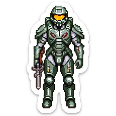 male Halo Spartan nomad with battle-worn armor and scavenged equipment sticker