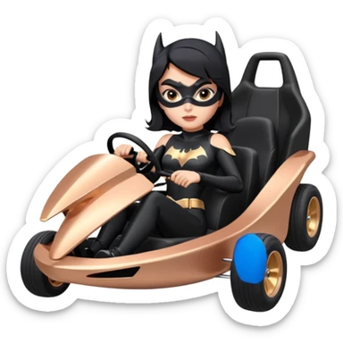 Hot full size real size-appearance electric road racing sexy BatGirl’s feminine midnight-colored tight outfit sixty’s tv show inspired dark stealthy sporty safe plush deluxe off-road pursuit cruiser car rose gold accents (black hair,reclined and relaxed torso and shoulders seating position) go kart  sticker