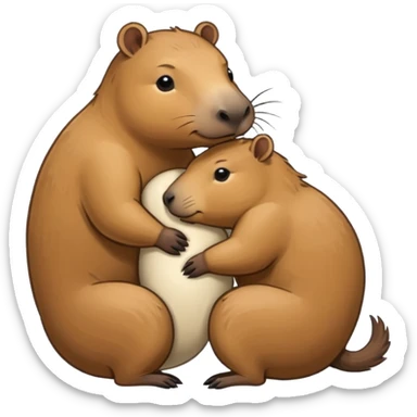A sticker with a capybara hugging Hachiko and the words «ждем всем отделом» cartoon style sticker