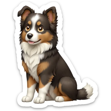 cinematic-[australian shepherd dog]-realistic-full-body-sitting-emoji,-tail-resting-loosely-beside-its-paws,-head-tilted-dramatically,-scruffy-[black white tan]-fur,-simplified-yet-realistic-focused-features,-highly-detailed,-glowing-with-an-almost-sarcastic-glow sticker
