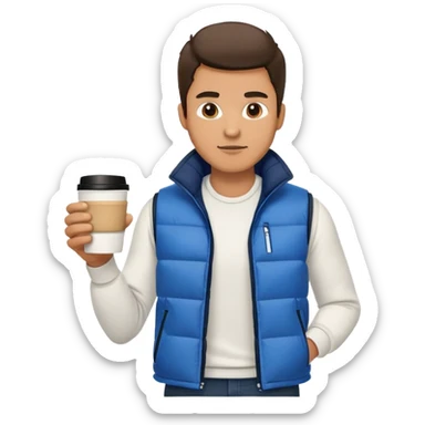 full length man with white shirt and blue puffer vest and long straight jeans with black tennis shoes holding a coffee cup in front of him and nothing in his other hand sticker