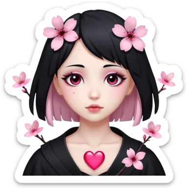 goth sakura heart, black heart with pink cherry blossom petals, cute and dramatic sticker
