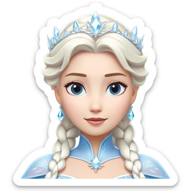 Cinematic Majestic Snow Queen Portrait Emoji, rendered in a clean, vector-style with bold, simplified shapes. Show Elsa with a serene, noble expression, luminous icy skin and gracefully styled platinum hair adorned with subtle crystalline accents, her attire minimal yet majestic. The design radiates a cool, crystalline glow with high shine and a soft glowing outline, embodying timeless, frosty elegance. sticker