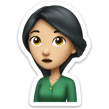 asian lady with long black hair, hoop earrings, a dark green shirt with a puzzled look on her face sticker
