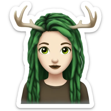 Girl with pale skin, green eyes, black dread-locks, eyeliner, deer antlers, grunge sticker