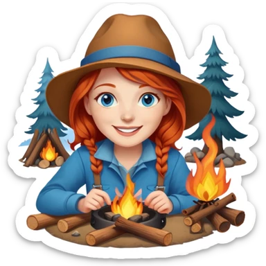 Happy Redhead woman with blue eyes beside campfire sticker