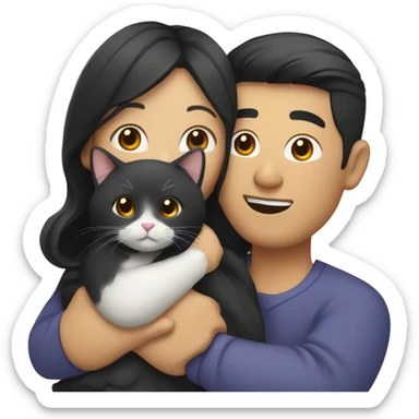 Asian Woman with black wavy hair hugging asian man holding a cat sticker